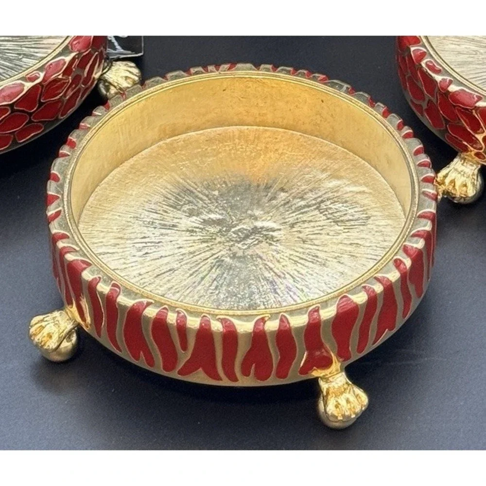 Kenneth Jay Lane Set 3 Red Enamel Gold Coasters Trinket Dishes W Boxes KJL Heavy